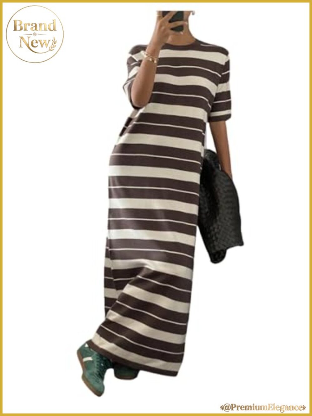 Striped Knit Maxi Dress Short Sleeve Sweater Dress Casual